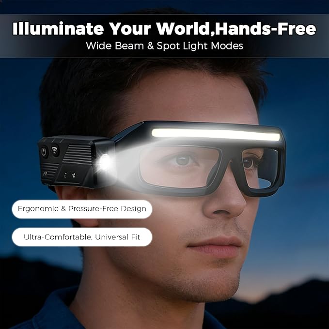 LED Headlight Glasses Rechargeable Headlight Glasses with Motion Sensor & Touch Control, Adjustable Safety Eyewear