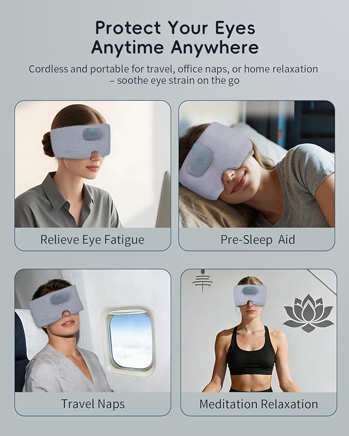 Heated Music Sleep Mask - Eye Mask for Sleep with Heat & Music, 3 Heat Levels, Bluetooth 6.0, Soft Fabric for Eye Strain, Dry Eyes & Migraine Relief - Unisex, Light Gray