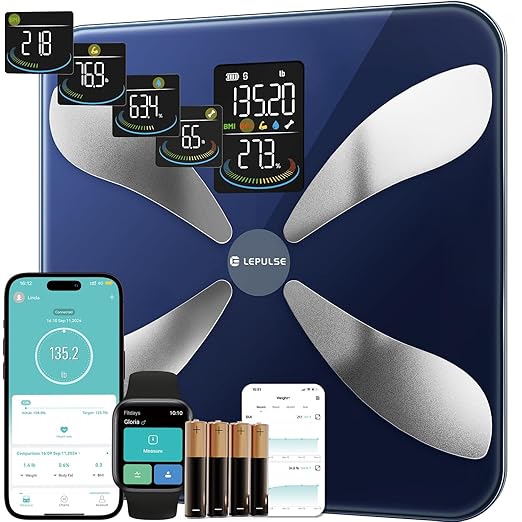 Lepulse Smart Weight Scale with BMI Body Fat Muscle Mass, Updated X-Shaped Electrode Scale for Body Weight and Fat Percentage, 13 Body Composition Scale Large Display, Digital Bathroom Scale with App
