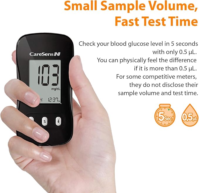 CareSens N Blood Glucose Monitoring Meter (Auto Coding) - 1 Diabetes Blood Glucose Meter, 1 User Guide, 1 Quick Reference guide, 1 Case & 2 CR 2032 Batteries