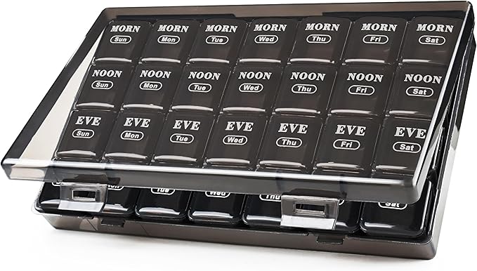 MOLN HYMY Cute Pill Organizer 4 Times a Day, Daily Pill Box 7 Day, 28 compartments, Portable, Travel Friendly Medicine Planner for Vitamins/Fish Oils/Medication/Supplements (Black, Small)