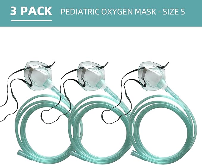3 Pack Pediatric Oxygen Mask for Face with 7 Ft Tube, Kid Oxygen Mask with Adjustable Elastic Strap - Pediatric Standard S,Green