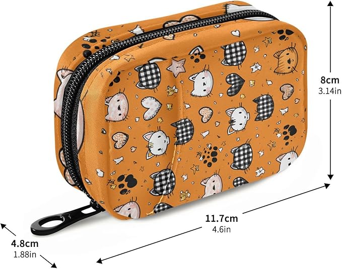 Orange Cute Kittens Hearts Stars Travel Pill Organizer Case Box Container Weekly Portable Vitamin Medicine Holder Storage Bag with Zipper Removable