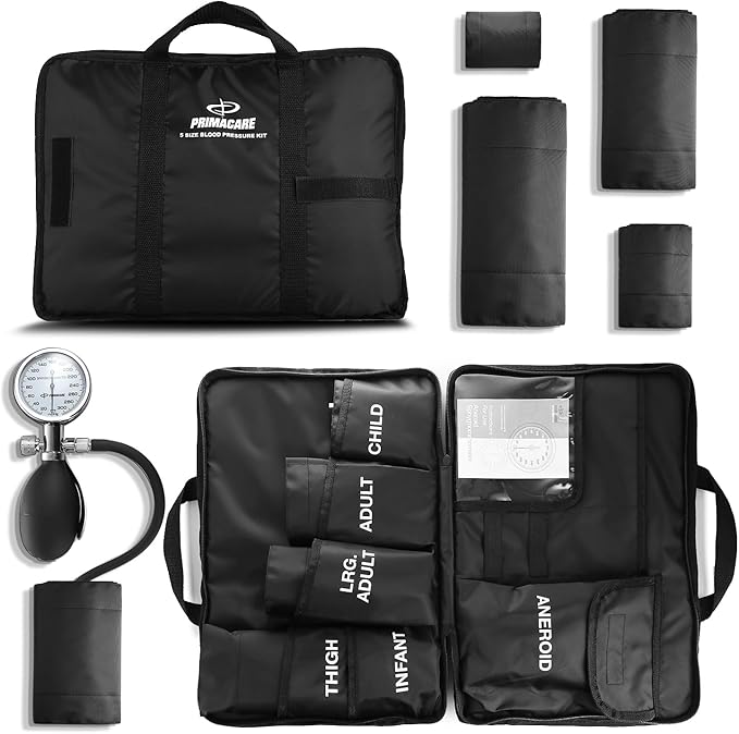 Primacare DS-9185 Aneroid Sphygmomanometer and Blood Pressure Cuff Set with Portable Case, 5 Sized Nylon Cuffs with Deflation Valve, BP Cuff Manual Kit for Infant, Child, Adult, Large Adult, Thigh