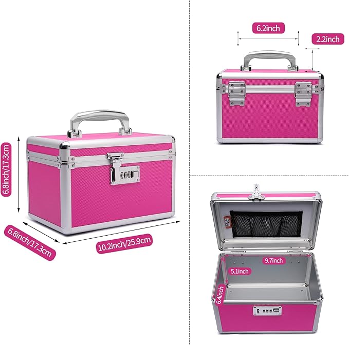 Combination Locking Medication Box with Portable Storage Case, 10.2''x 6.8''x 6.8'', Childproof Medicine Lock Organizer, Lockable Box for Documents & Valuables (Pink/Small)