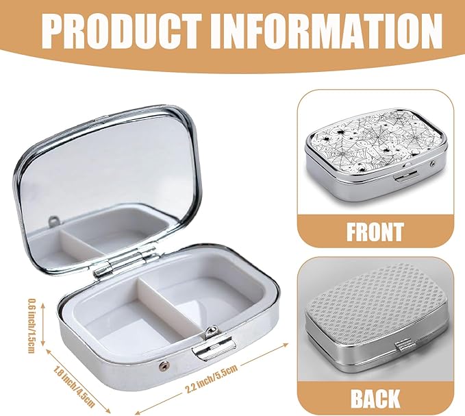 Pill Box-2 Compartment Small Pill Case Square Organizer Case with Mirror Portable Metal Medicine Box Travel Container for Pocket & Purse Women Men(Spider Web)
