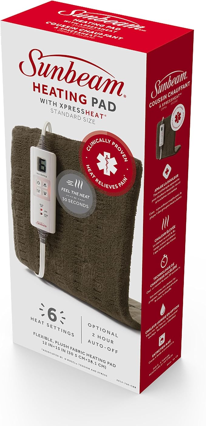 Sunbeam Premium Heating Pad with XpressHeat Technology, Standard Size, Brown