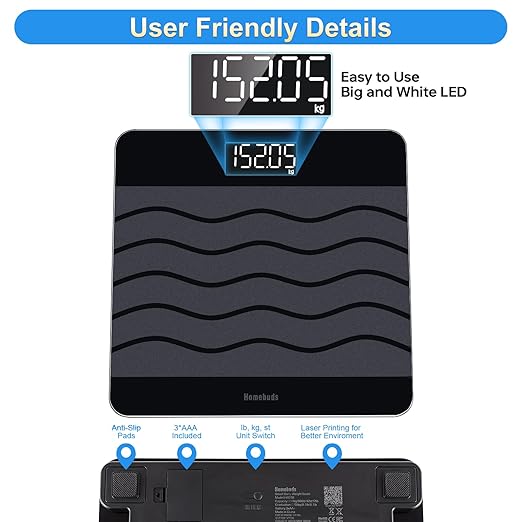 Homebuds 600lb Scale for Body Weight, Precision 0.1lb by Our Professional Factory Since 2001, Digital Weight Scale and BMI Via Smart APP, 8mm Non Slip Tempered Glass 12.4 * 12.4in, LED, Black