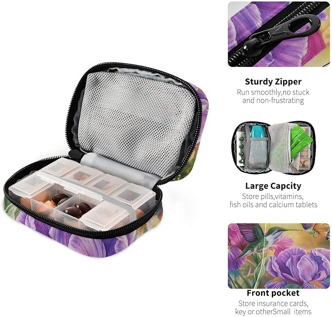 Travel Pill Case Spring Hummingbird Flower Weekly Small Pill Box 7 Day Pill Box Pill Organizer Bag