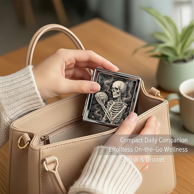 Metal 7 Day Pill Organizer, Cute Small Weekly Pill Case with 8 Compartments for Travel, Moisture-Proof Medicine Holder for Purse, Compact Daily Vitamin Box (Mystic Skeleton)