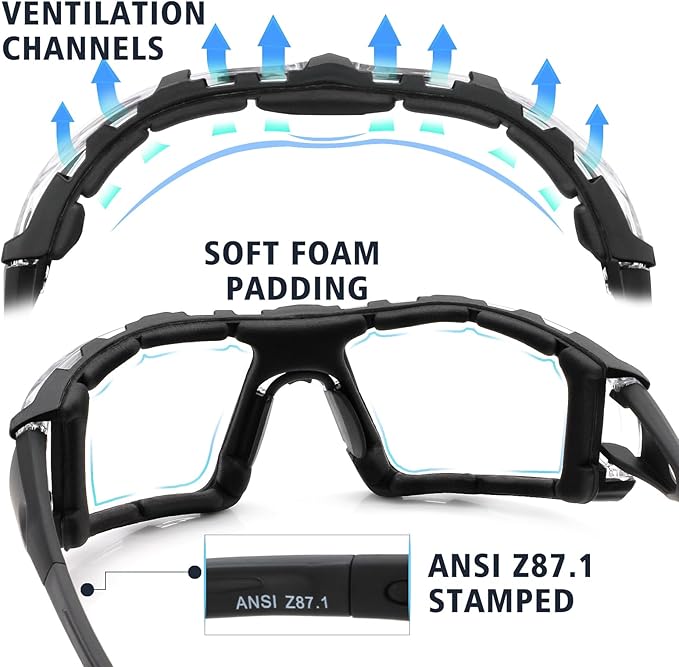 UKNOW Photochromic Safety Glasses, Scratch Resistant Wraparound Lenses, Removable Foam Gasket, ANSI Z87.1 Protective Eyewear