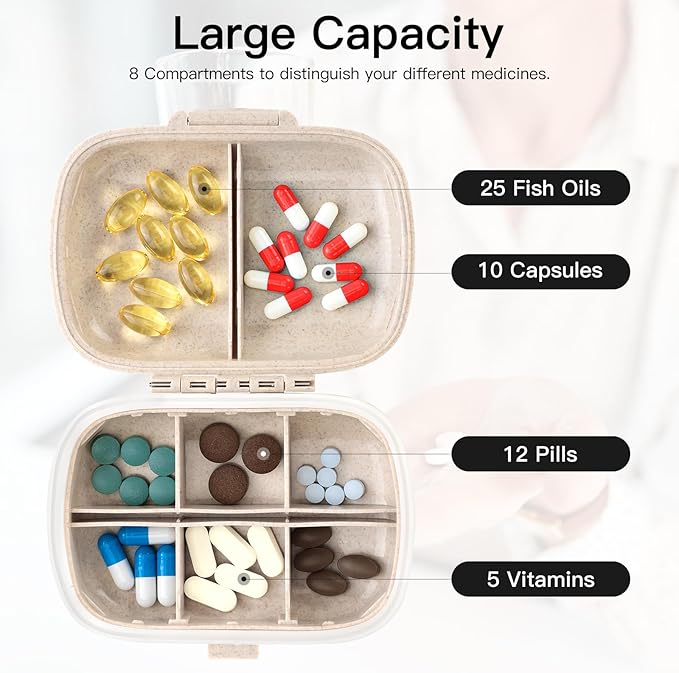 Soleebee Portable 8 Compartments Daily Pill Organizer, Bling Crystal Diamond Pill Box, Small Travel Pill Case, Pill Dispenser, Medicine Container Organizer to Hold Vitamin, Fish Oil (Pink)