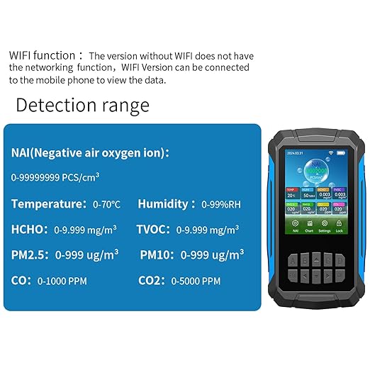 Air Quality Detector Ionizer Meter Alarm Function Portable Air Tester with Negative Ion Concentration Temperature Humidity VOC PM2.5 PM10 CO CO2 for Home Car Office (Black)