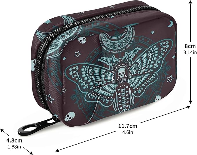 Travel Pill Organizer Bag Weekly Pill Organizer Case Gothic Skull Butterfly Portable Small Daily Pill Boxes for Vitamin Fish Oils Supplement Holder with Zipper Compact Size