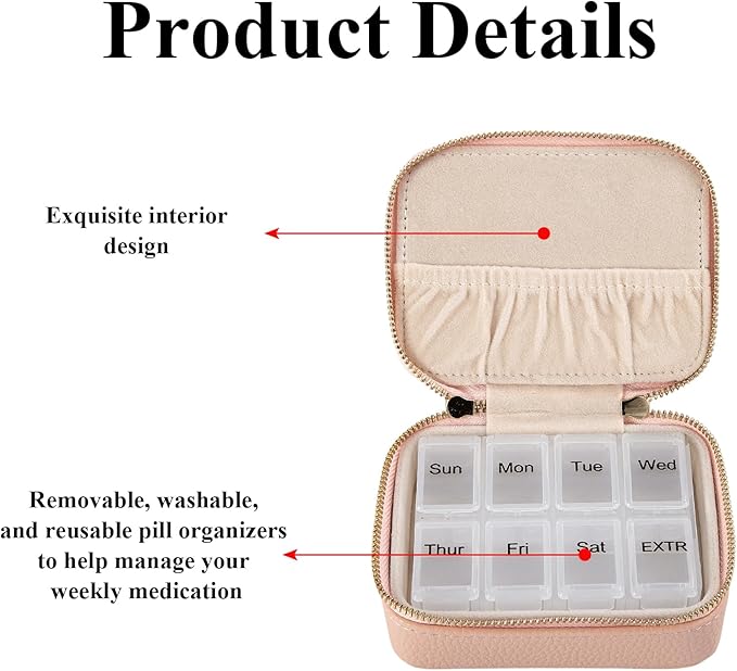 Weekly Pill Organizers, Portable Pill Case with Removable Pill Sorter, Travel Pill Organizer 7 Day,Leather Vitamin Box, Medicine Dispenser, Daily Pill Box Travel Case. (Pink)