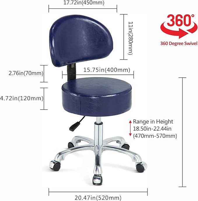 Thick Sturdy Padding with Wheels and Back Support,Swivel Rolling Stool Round Chair,Adjustable Stool for Doctor,Medical,Massage Salon,Office(Blue