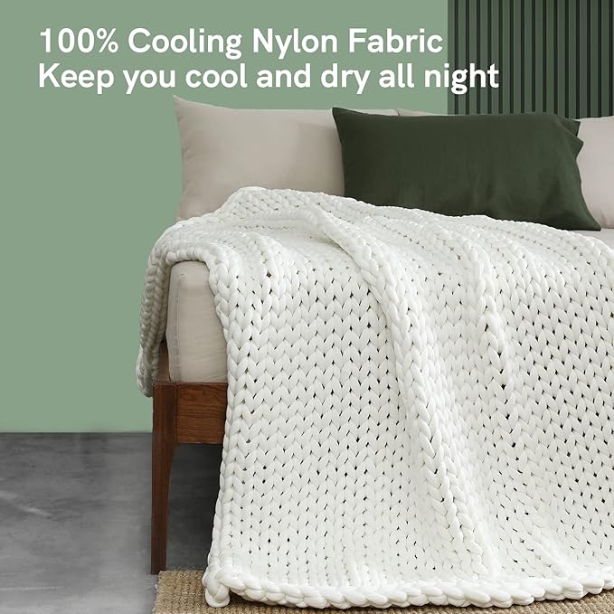 YnM Cooling Weighted Blanket, Handmade Chunky Yarn Knitted Design, Temperature Regulating and Breathable, Machine Washable Throw for Sleep or Home Decor (White, 60x80 Inch, 20lbs)