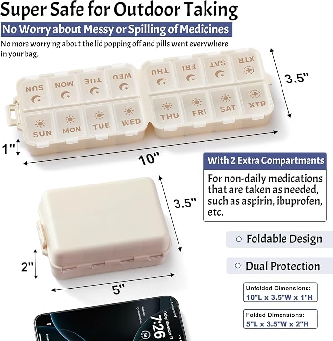 Foldable & Portable Pill Organizer 2 Times A Day with Extra Compartments - Etched Labels - Weekly 7 Day AM PM Medicine Box, Week Daily Travel Pill Case Holder Dispenser for Vitamin, Supplement - Khaki