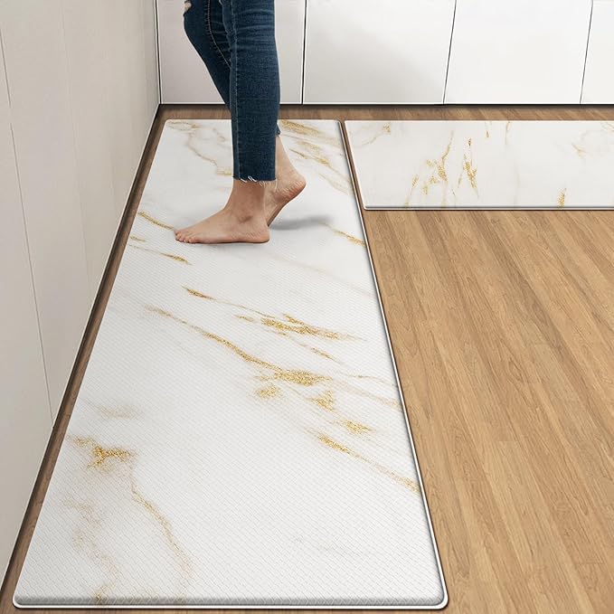 Arttown Marble Anti-Fatigue Kitchen Rug Set of 2 White Golden Gold Modern Cushioned Floor Mat, Standing Waterproof Non-Slip Kitchen Mat and PVC Ergonomic Comfort Foam Rug
