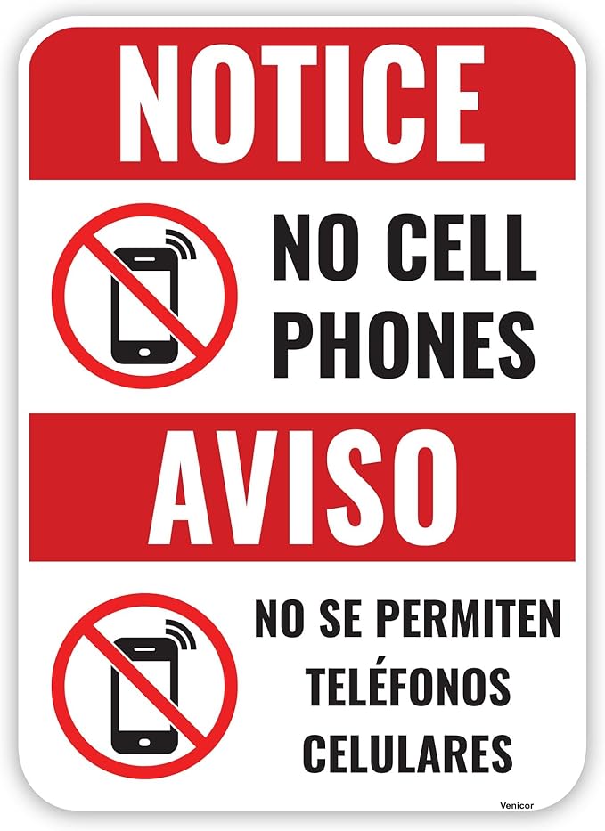 1PC No Cell Phone Use Sign, 7 x 5 Inches - Acrylic - No Phone Zone Poster Sticker For Classroom Wedding Business - Bilingual