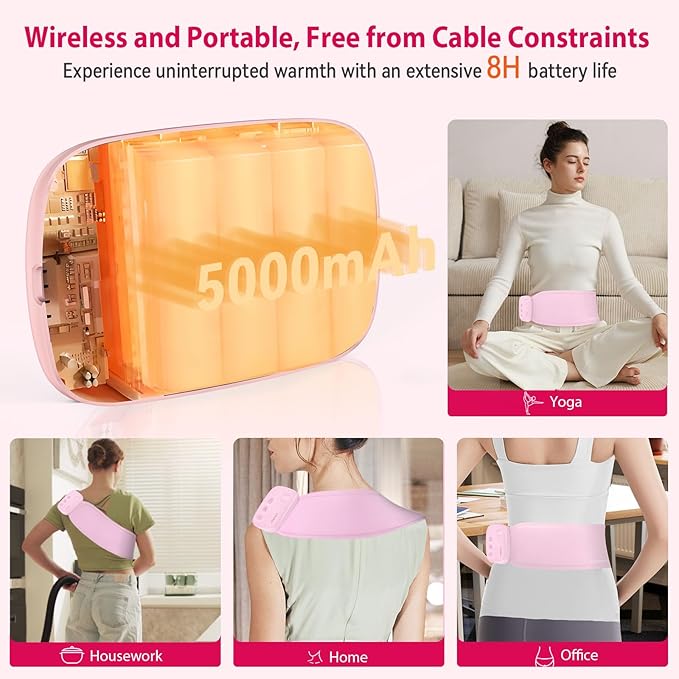 Upgrade Portable Heating Pad for Period Cramps, 5000mAh Portable Cordless Menstrual Heating Pad, Heating Pads for Neck, Back, Shoulder, Gift for Women Girls
