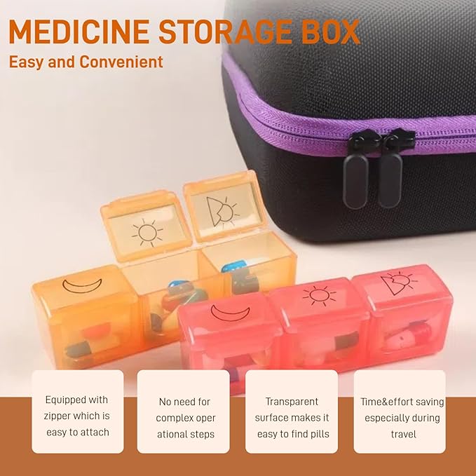 WEEOATAR Month Pill Box Organizer Medicine Planner Pill Dispenser, 3 Times a Day, Easy to Use with Zippers, Medical Supplies with Individual Compartments for Vitamin, Fish Oil, Supplements (Black)