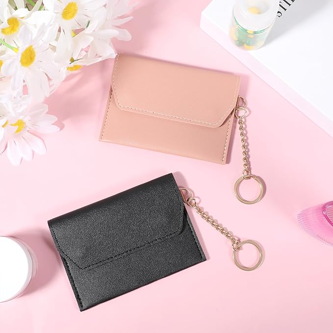 2 Pack Birth Control Pill Case Sleeve Packet 4.3 X 3.2 Inch PU Leather Wallet Pill Holder Privacy Protection Birth Control Pills Wallet with Key Ring for Pills Card Organizer (Black & Pink)