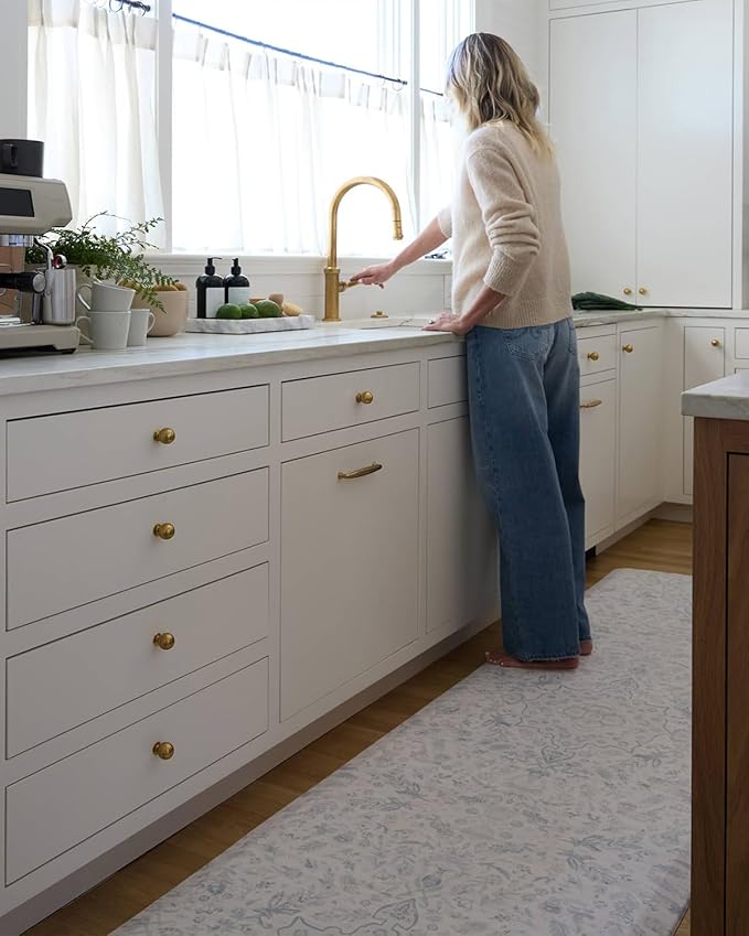 House of Noa Nama Standing Mat – Anti-Fatigue Cushioned Kitchen Mats for Floor | Ergonomic Bounce-Back Foam Kitchen Mats | Anti-Fatigue Mats for Kitchen & Standing | Emile Delft Blue | 30" x 108"