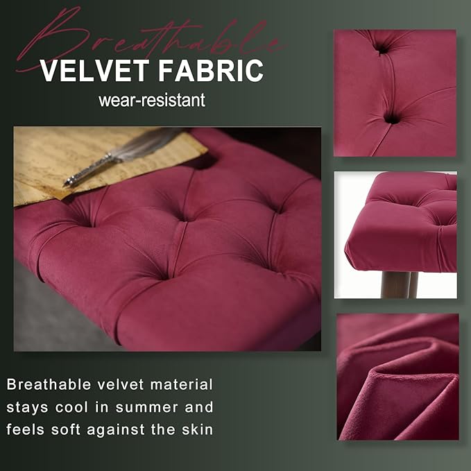 AKLOT Velvet Upholstered Piano Bench: Rubberwood Legs with 300-Pound Load Capacity, Ergonomically Set Seat Height, Easy Assembly, Purpose Keyboard Stool for Vanity, Bedroom and Living Room (Wine Red)