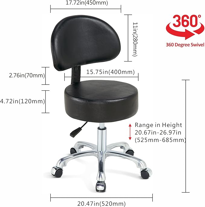 Round Chair with Back,Thick Sturdy Padding,Swivel Rolling Stool,Adjustable Stool with Wheels (with Back, Black)