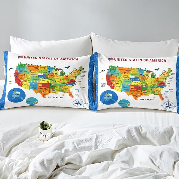 US Geography Bedding Set Queen Size, Geography USA Map Bed Sheet Set for Kids Boys Girls Teens Learning Educational Fitted Sheet Educational Map Bed Cover 3Pcs (No TOP Sheet)