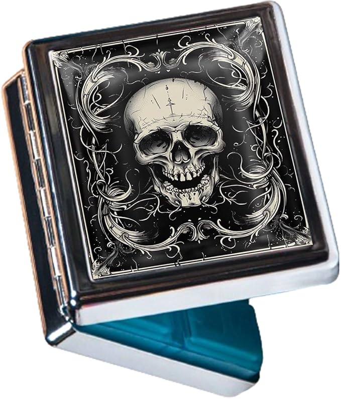 Cute Travel Pill Box Organizer with 8 Compartments - Compact and Fashionable Pill Case with Mirror - Ideal for Medications (Vintage Skull)