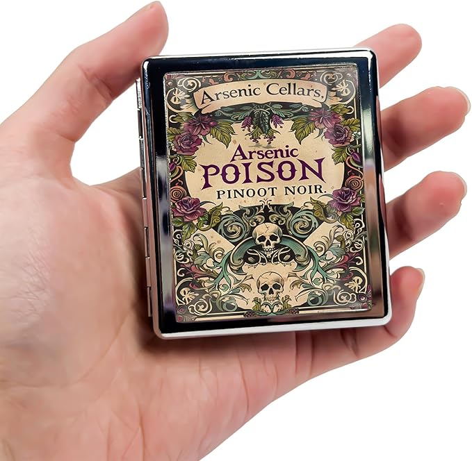 Metal Pill Organizer Box with Mirror – 8 Compartment Chrome Pill Case, Pocket-Size Travel Pill Container for Vitamins, Seniors, Daily Use (Poison Pinot Noir Skull Art)