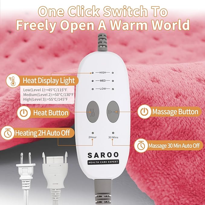 Massaging Weighted Heating Pad - Electric Heating Pad for Back Pain Relief with Massager, 3 Heat, 6 Massage, Auto Off, Extra Large Vibrating Heat Pad for Shoulder Neck (Grapefruit Red, 12"×24")