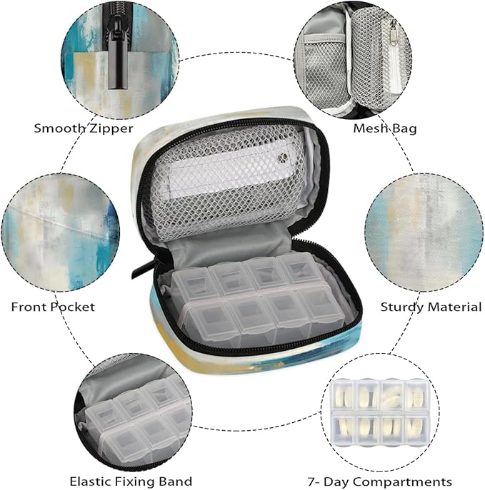 Blue Pattern Abstract Pill Case Travel Pill Organizer Weekly 7 Day Portable with Zipper Medicine Box Pill Case for Vitamins, Birth Control,Fish Oils,Medication, Supplements