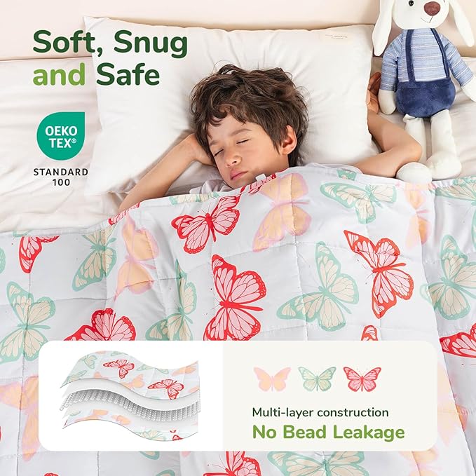 Sivio Weighted Blanket 7lbs, Butterfly Friends Cooling Weighted Blanket, Breathable Heavy Blankets for Sleeping, Washable Weighted Throw Blanket, 41"x60"，White
