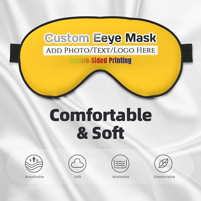 Custom Sleep Eye Mask Personalized Men Women Blindfold Design Your Own Photo Text Logo Adjustable Strap Soft Eyeshade Customized Blackout Eye Cover for Home Offices Travel Orange Yellow