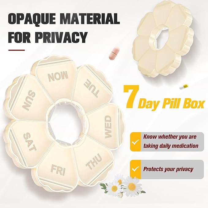 Enlarged Weekly Pill Organizer 7 Day, Daily Pill Box with Never Faded Etched 3D Date Labels, Travel Pill Case with Large Compartment for Medication, Vitamin, Fish Oil, Supplements-Beige