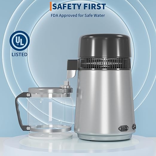 4L Countertop Stainless Steel Distilled Water Purifier, Distilled Water Making Machine with Glass Container, Ideal for Household, Workplace, Lab, and Aquarium Usage-Silver