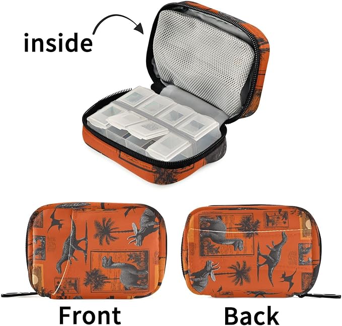 Orange Dinosaur Palm Trees Travel Pill Organizer Case Box Container Weekly Portable Vitamin Medicine Holder Storage Bag with Zipper Removable