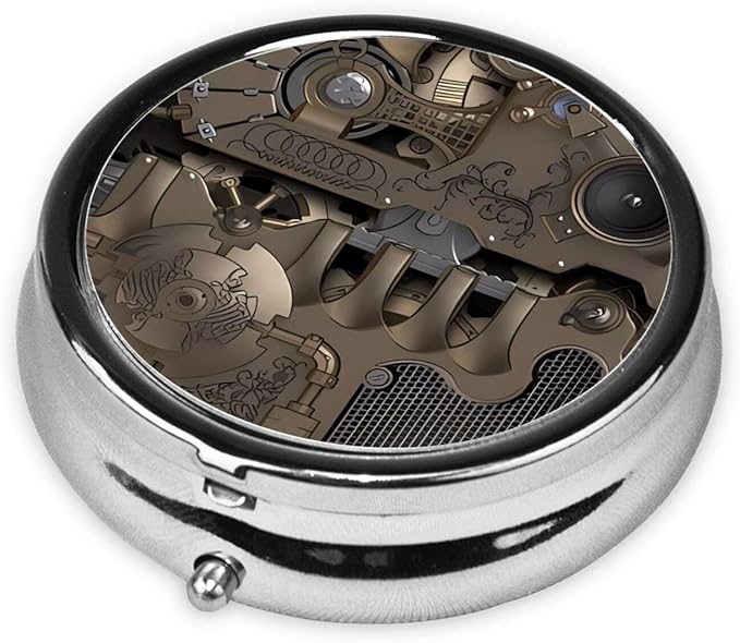 Steampunk Mechanical Gears Printed Round Travel Pill Box Cute Small Metal Pocket Pill Case for Men & Women 3 Compartment Portable Pill Organizer for Purse or Pocket