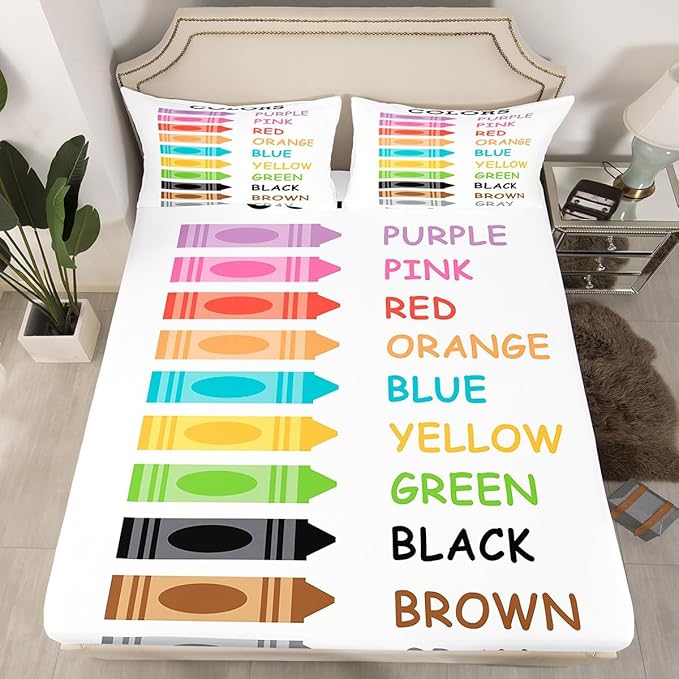 Feelyou Kids Colors Learning Bedding Set Full Size, Educational Bed Sheet Set Boys Girls Preschool Fitted Sheet Kindergarten Teens Bedroom Decor Bed Set 3Pcs (No Flat Sheet)