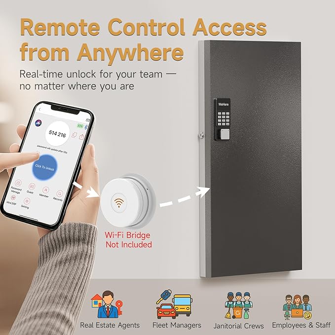 120-Key Smart Key Lock Box Wall Mount – Commercial Key Cabinet with App, Keypad, Bluetooth & WiFi Unlock (Sold Separately), Access Log Tracking, Key Management System for School, Office