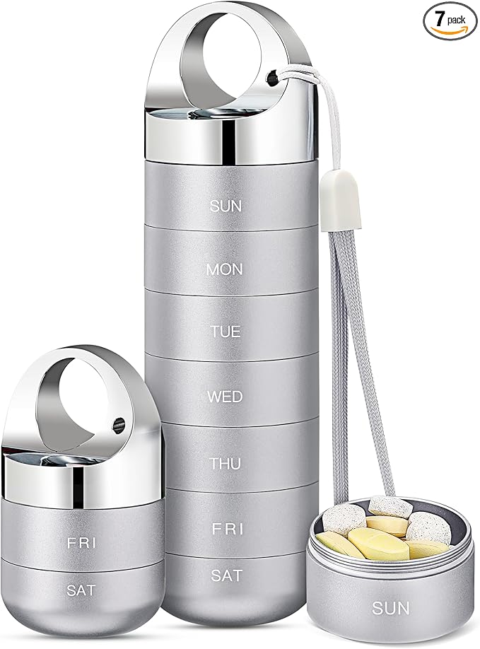 Zannaki Metal Travel Pill Organizer, Portable Waterproof Weekly Pill Box, Large Aluminum Alloy Pill Case Container, BPA Free 7 Day Daily Medicine Organizer Holder for Vitamin, Fish Oil, Supplement