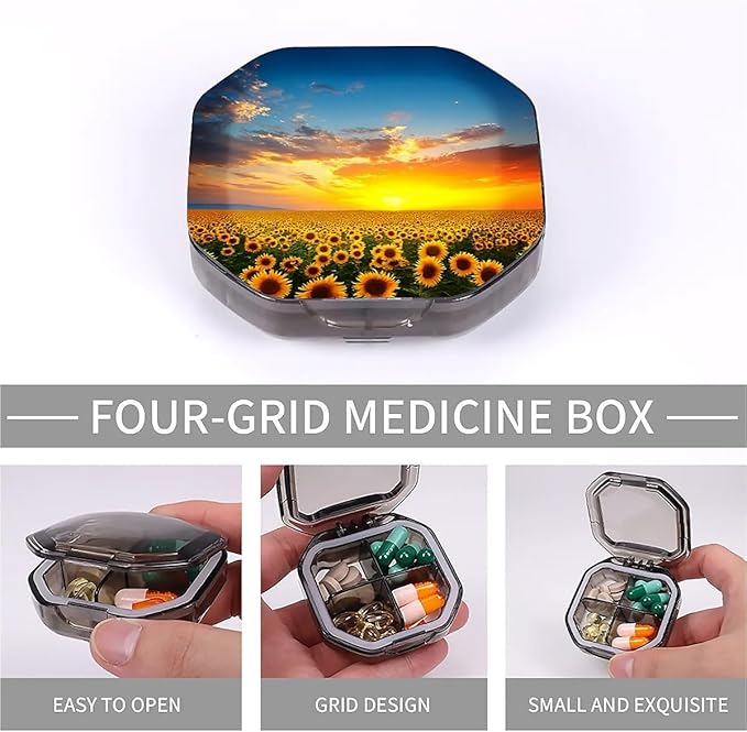 This Portable Sunflowers at Sunset Pattern 4-Compartment Pillbox Can Be Placed in A Pocket Or Wallet to Store Vitamins, Medicines Fish Oil Health Supplements Other Medications.