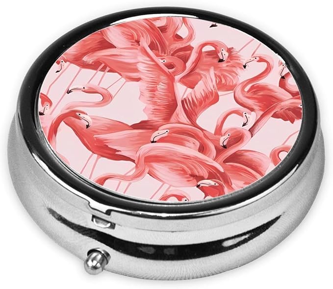 Flamingo Printed Round Travel Pill Box Cute Small Metal Pocket Pill Case for Men & Women 3 Compartment Portable Pill Organizer for Purse or Pocket
