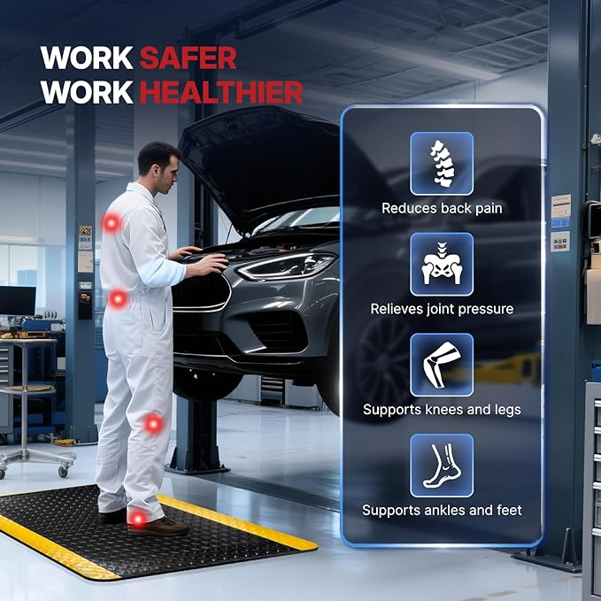 NORTHSKY Olympia Anti Fatigue Mat Industrial, Standing Mat, Yellow Border Safety, 5 x 3 ft, 15/16" Thick, Advanced High-Density Memory Foam, for Workshop Workstations, Laboratory Benches