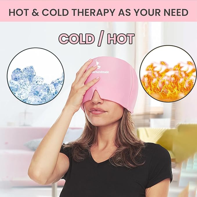 Migraine Relief Cap, One Size Fits All Hot/Cold Gel Head Wrap, Migraine Cooling Eye Mask, Strong Elastic Comfort Fit, Reusable Durable for Stress & Headache Relief, FSA|HSA Eligible, Gift Box (Pink)
