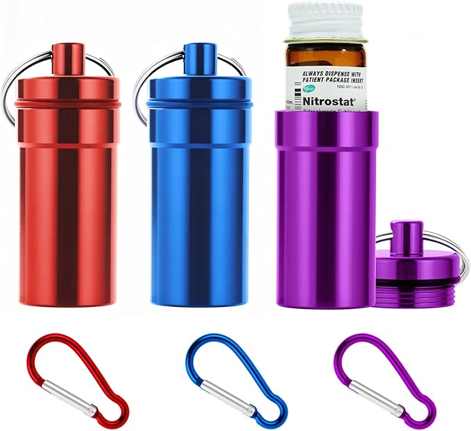 Keychain Pill Holder for Nitroglycerin, 3 Pack Mini Waterproof Portable Travel Purse Pocket Pill Case, Keychain Fob Container for 25ct Nitro/Nitroglycerin Bottle (3pcs-Red + Blue + Purple)