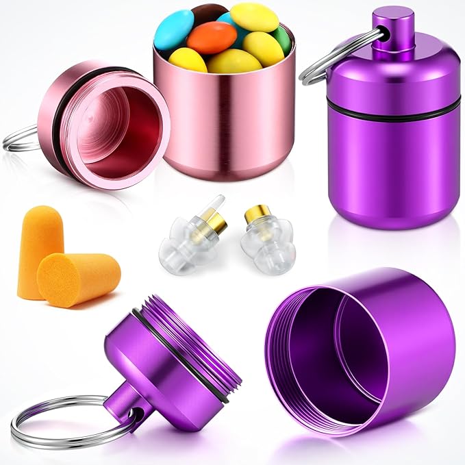 Hicarer 4 Pack Ear Plug Carrying Case, Waterproof Metal Ear Plug Holder with Keychain, Portable Small Pill Case Container for Earplugs, Jewelry, Pill Organizer for Travel or Sports(Pink, Purple)